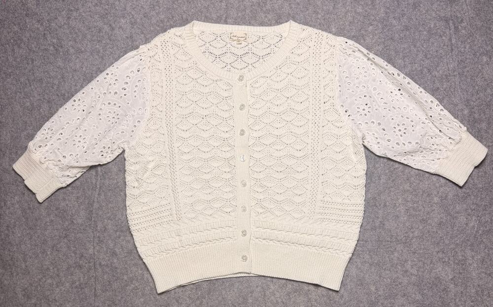 Cloth & Portrait Womens XXL 2XL White Pointelle Knit Cardigan Eyelet 3/4 Sleeve